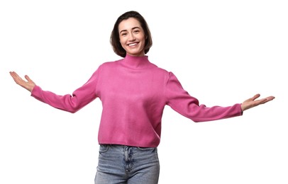 Photo of Cheerful woman welcoming friends or guests on white background