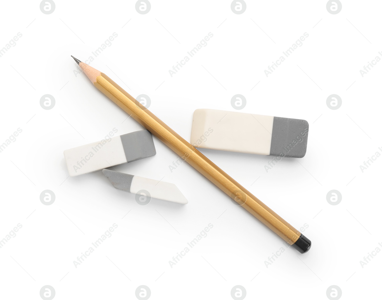 Photo of Erasers and pencil isolated on white, top view