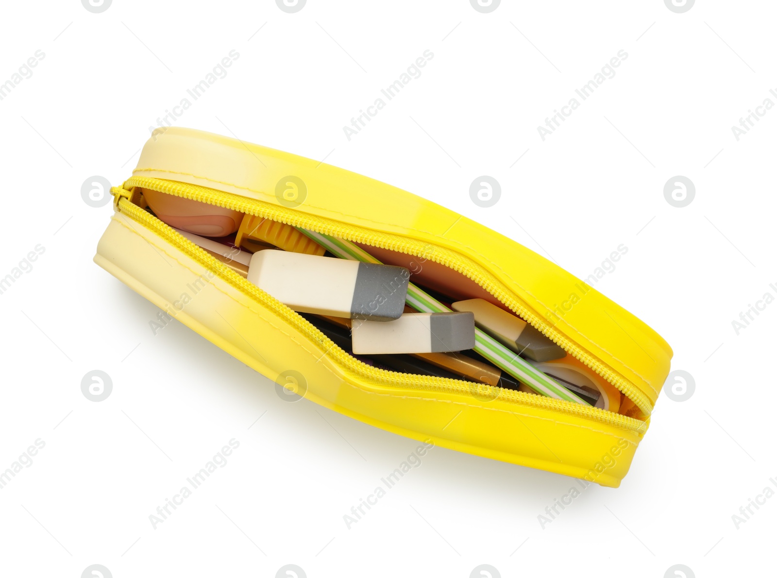 Photo of Erasers and other different stationery in pencil case isolated on white, top view