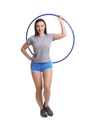 Photo of Smiling woman with hula hoop on white background