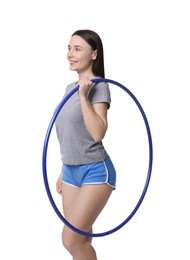 Photo of Smiling woman with hula hoop on white background