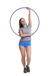 Photo of Smiling woman with hula hoop on white background