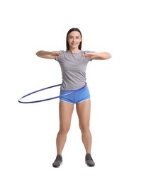 Photo of Smiling woman training with hula hoop on white background