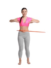 Photo of Smiling woman training with hula hoop on white background