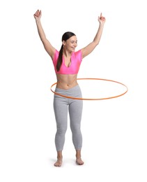 Photo of Smiling woman training with hula hoop on white background