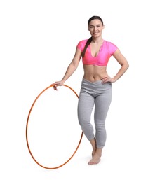 Photo of Smiling woman with hula hoop on white background