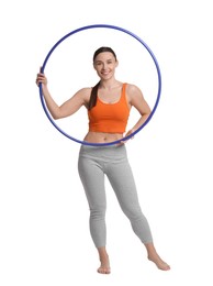 Photo of Smiling woman with hula hoop on white background