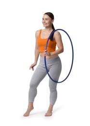 Photo of Smiling woman with hula hoop on white background