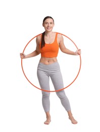 Photo of Smiling woman with hula hoop on white background