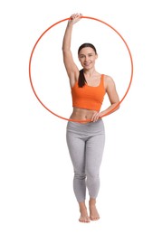 Photo of Smiling woman with hula hoop on white background