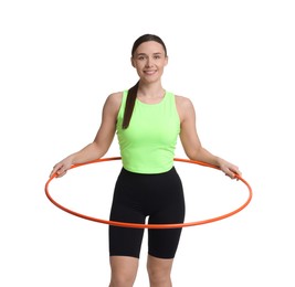 Photo of Smiling woman training with hula hoop on white background