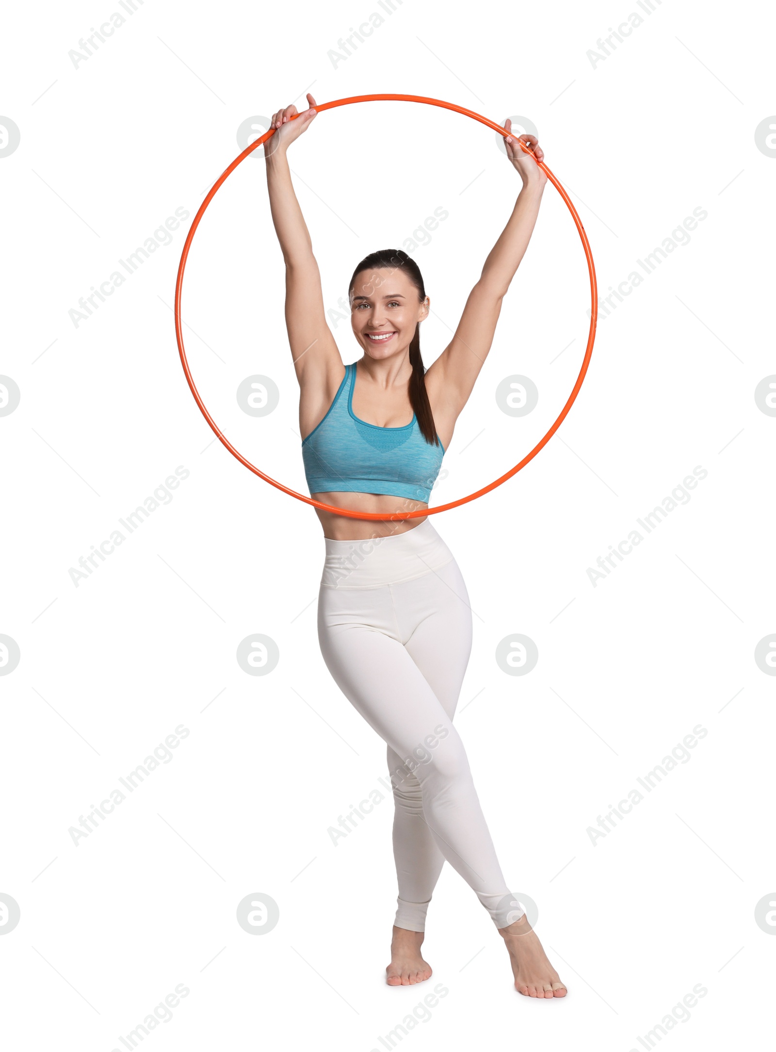 Photo of Smiling woman with hula hoop on white background