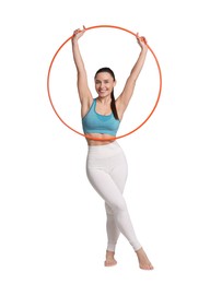 Photo of Smiling woman with hula hoop on white background