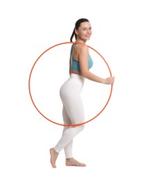 Photo of Smiling woman with hula hoop on white background