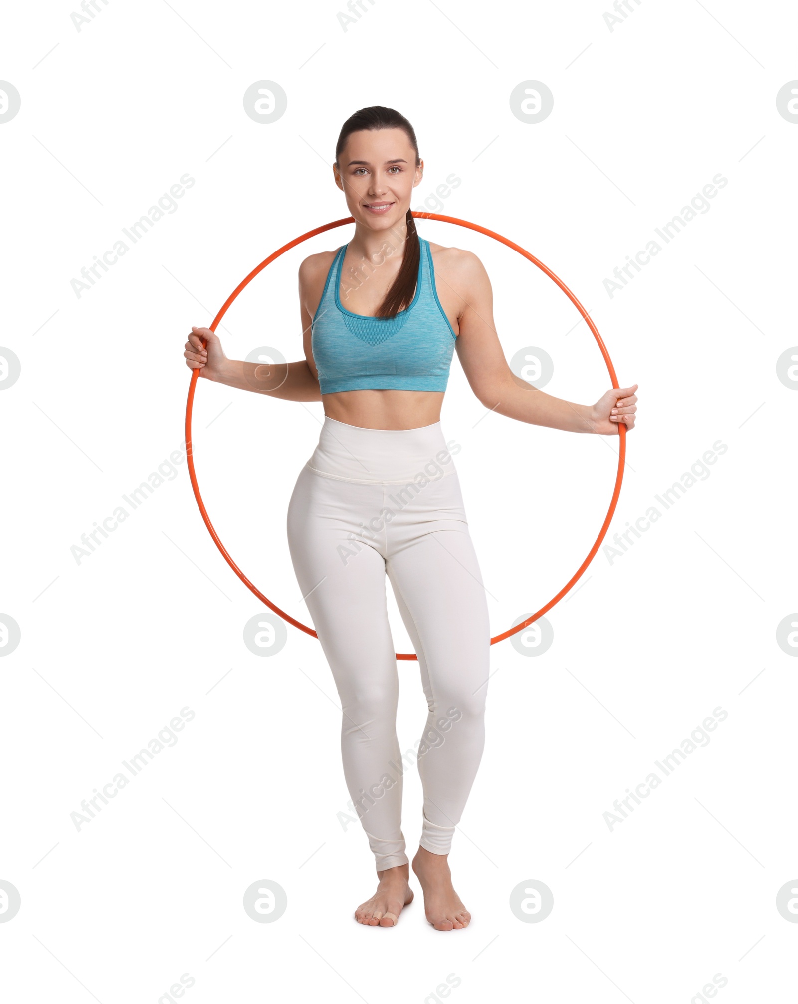 Photo of Smiling woman with hula hoop on white background