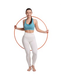 Photo of Smiling woman with hula hoop on white background