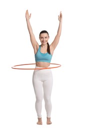 Photo of Smiling woman training with hula hoop on white background