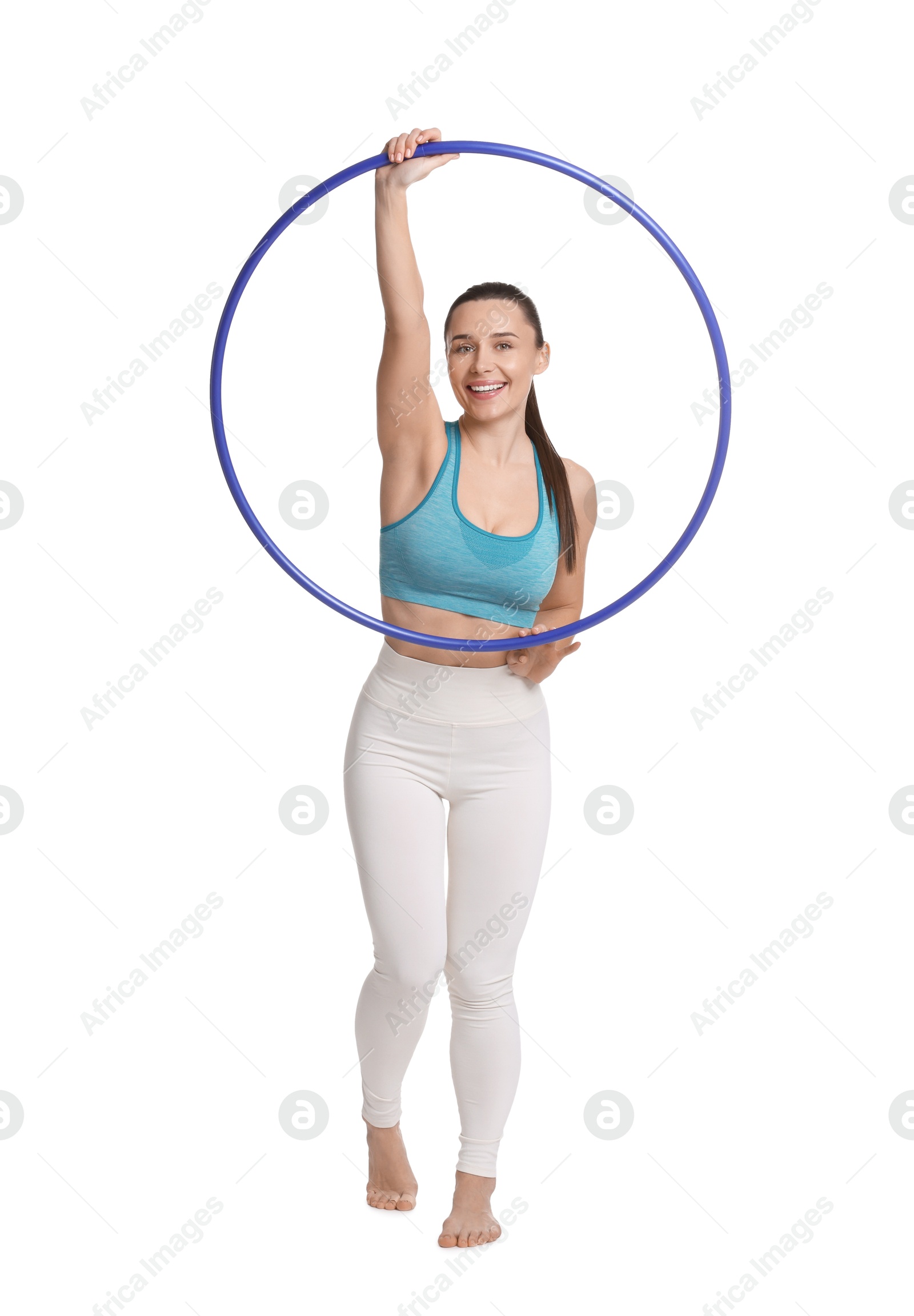 Photo of Smiling woman with hula hoop on white background