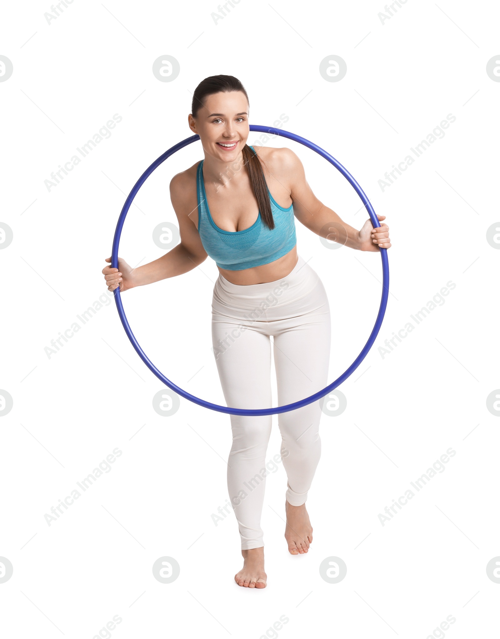 Photo of Smiling woman with hula hoop on white background