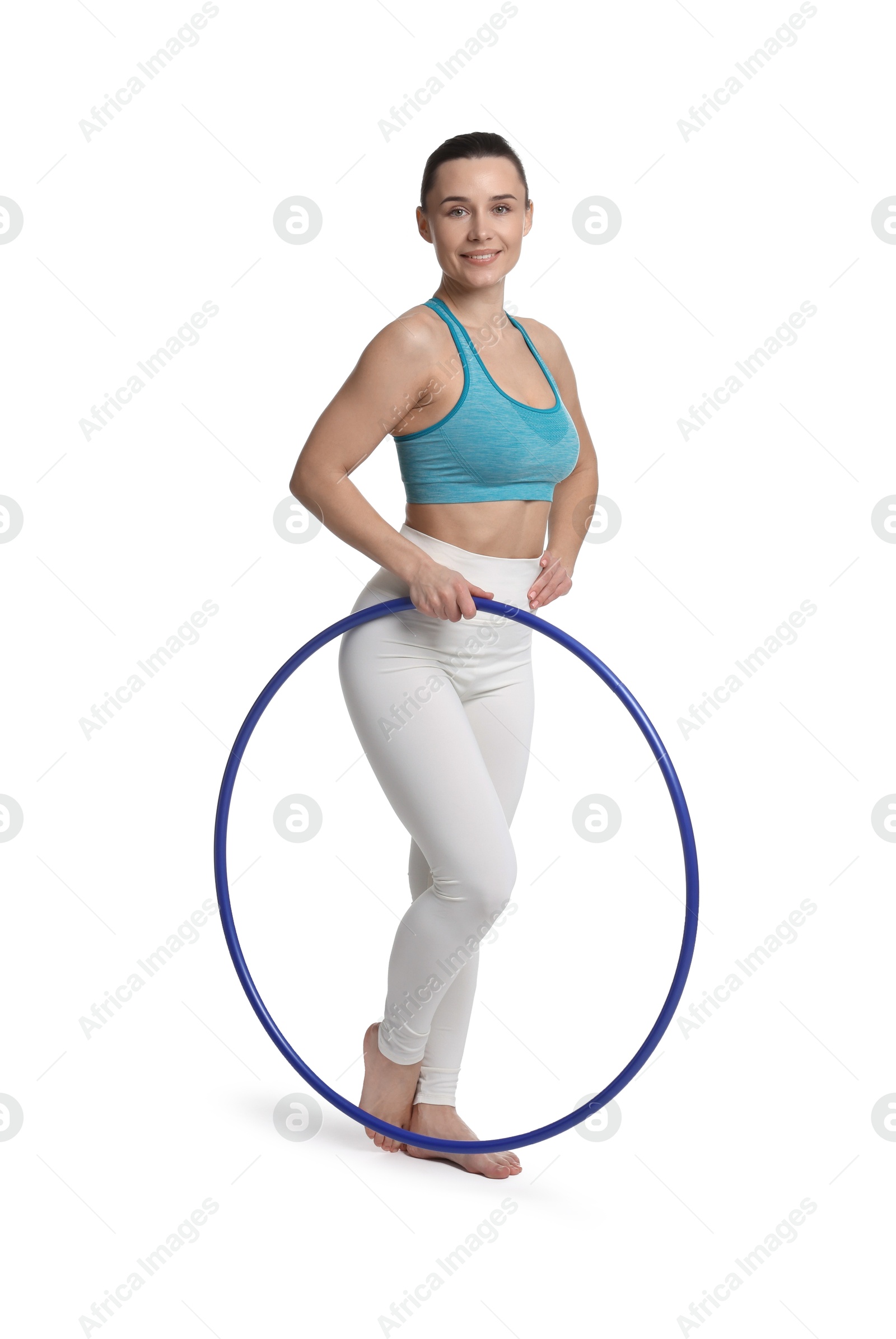 Photo of Smiling woman with hula hoop on white background