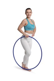 Photo of Smiling woman with hula hoop on white background