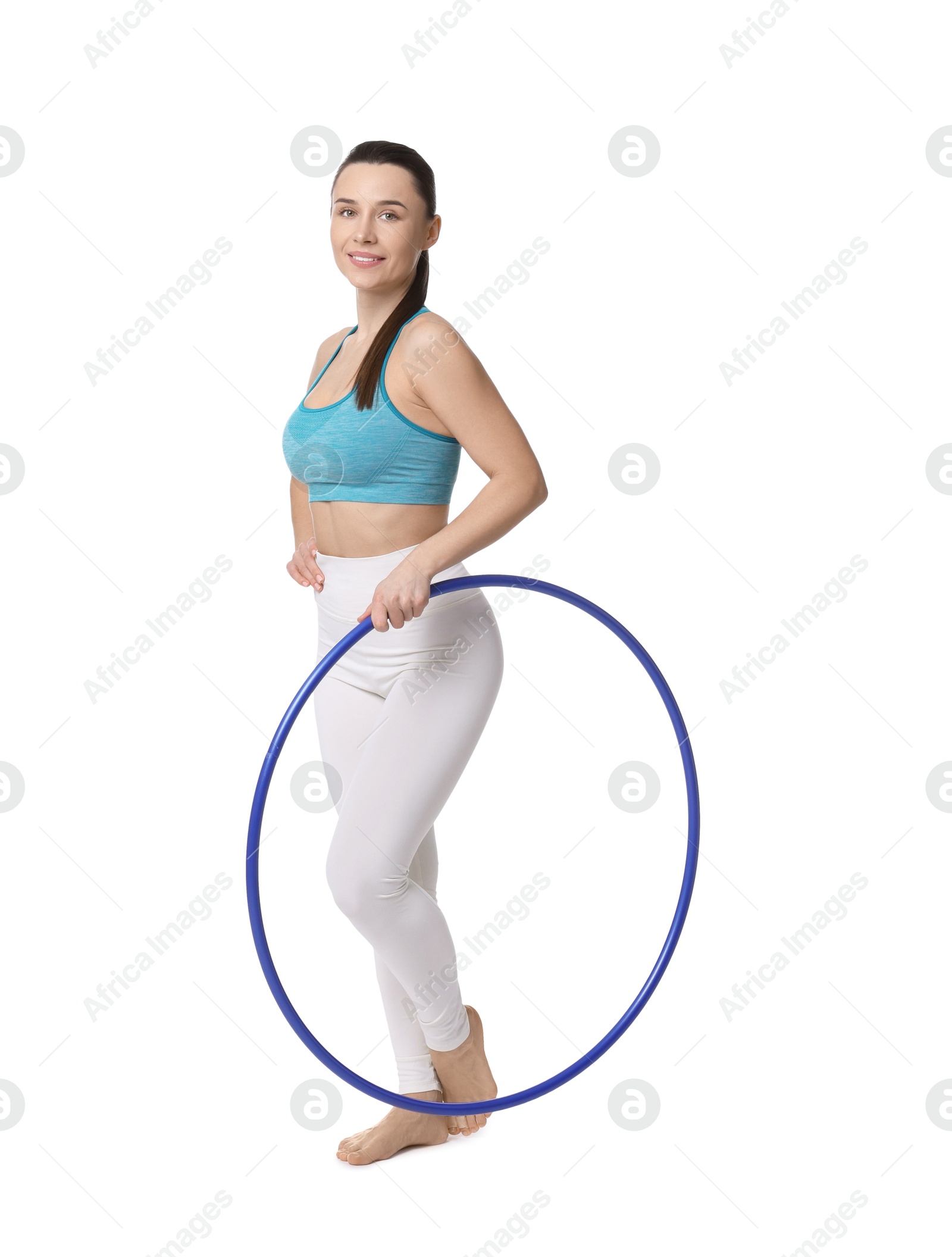 Photo of Smiling woman with hula hoop on white background