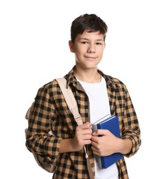 Photo of Portrait of teenage boy with books and backpack on white background