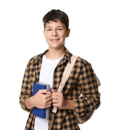 Photo of Portrait of teenage boy with books and backpack on white background