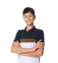 Photo of Portrait of teenage boy with crossed arms on white background