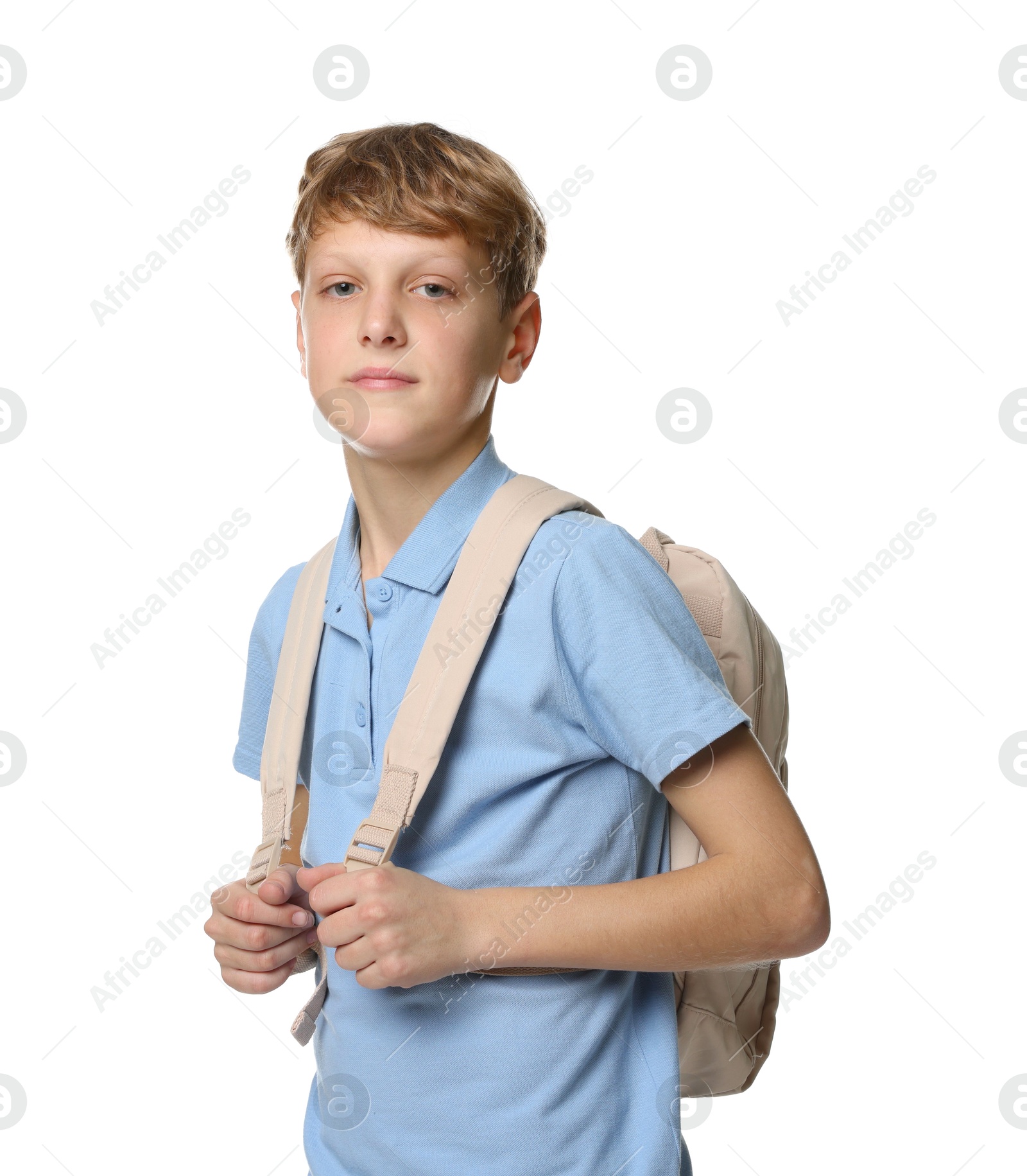 Photo of Portrait of teenage boy with backpack on white background