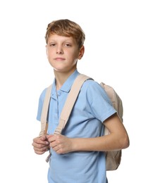 Photo of Portrait of teenage boy with backpack on white background