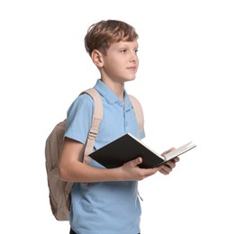 Photo of Portrait of teenage boy with notebook and backpack on white background