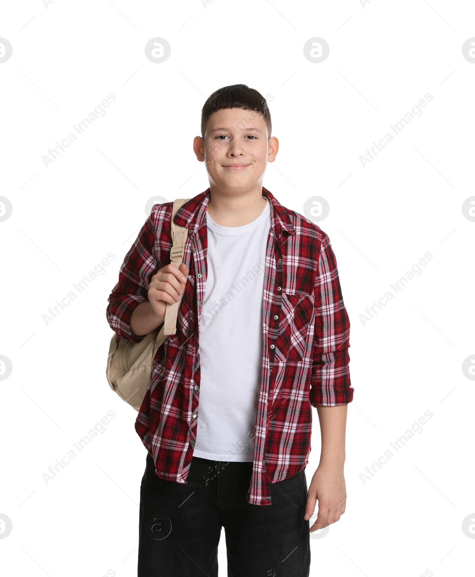 Photo of Portrait of teenage boy with backpack on white background