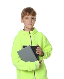 Photo of Portrait of teenage boy with books on white background