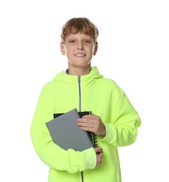 Photo of Portrait of teenage boy with books on white background