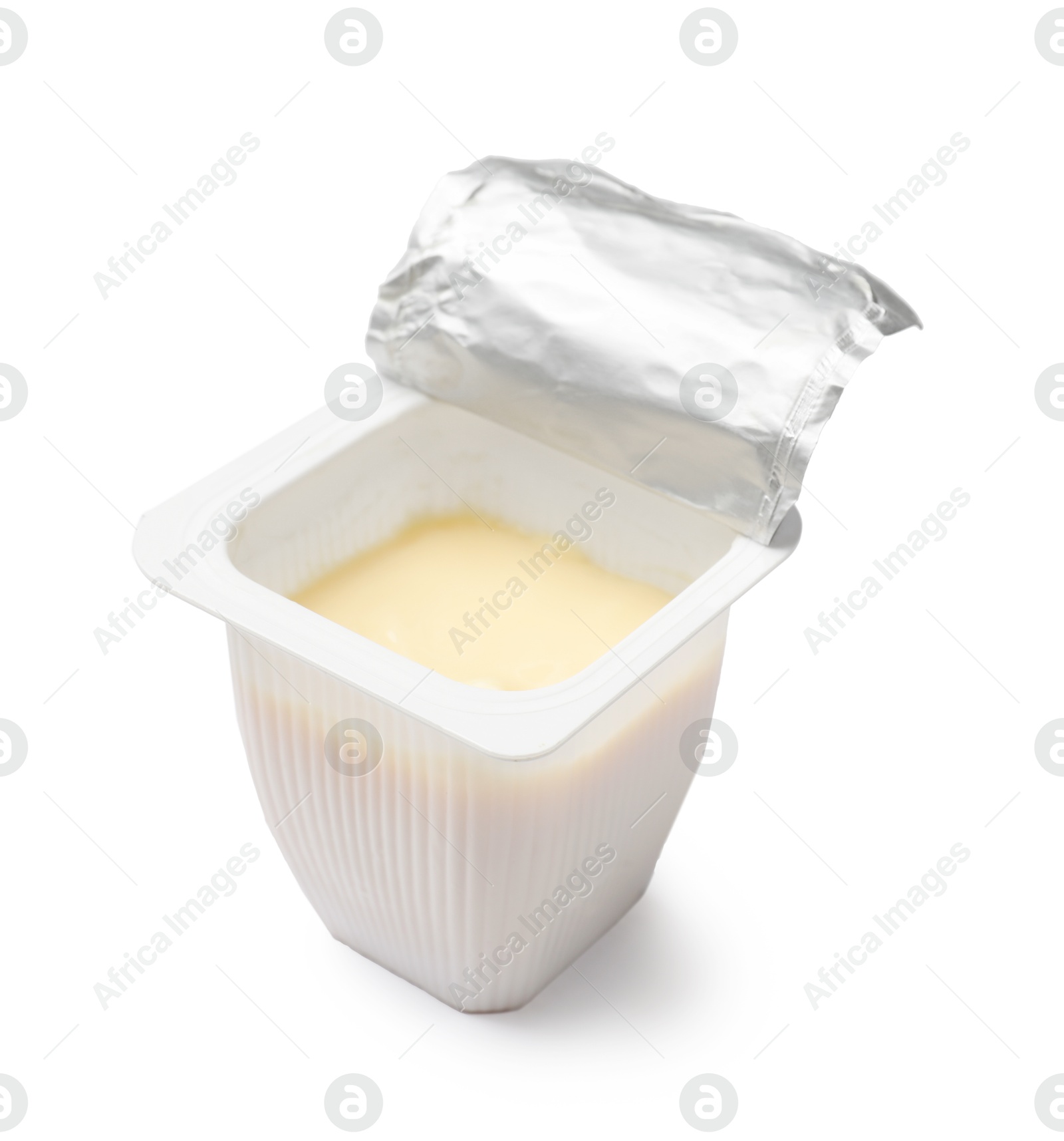 Photo of Delicious yogurt in plastic cup isolated on white