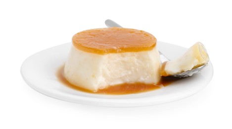 Photo of Tasty pudding with caramel sauce and spoon isolated on white