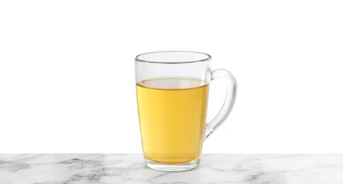 Photo of Refreshing green tea in cup on marble table against white background