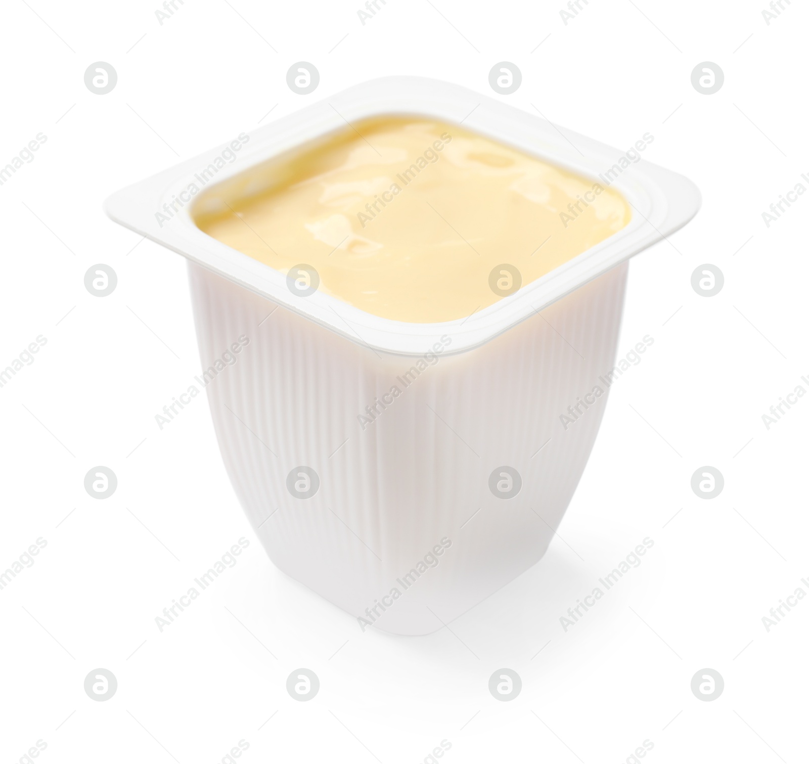 Photo of Delicious yogurt in plastic cup isolated on white