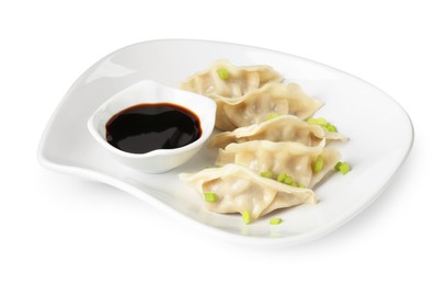 Photo of Tasty gyoza (dumplings) and soy sauce isolated on white