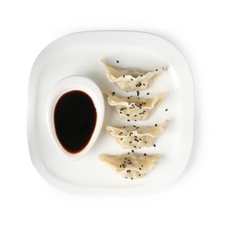 Photo of Tasty gyoza (dumplings) and soy sauce isolated on white, top view