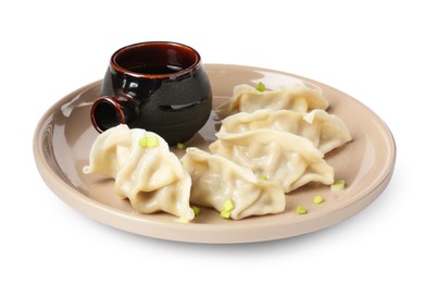 Photo of Tasty gyoza (dumplings) and soy sauce isolated on white