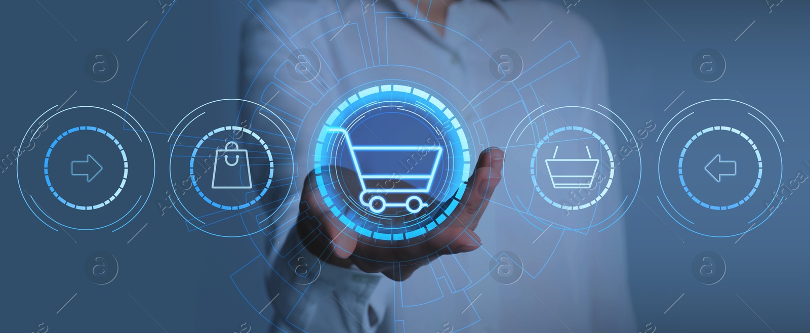 Image of Online store. Woman touching shopping cart icon on virtual screen against dark background, closeup, Banner design