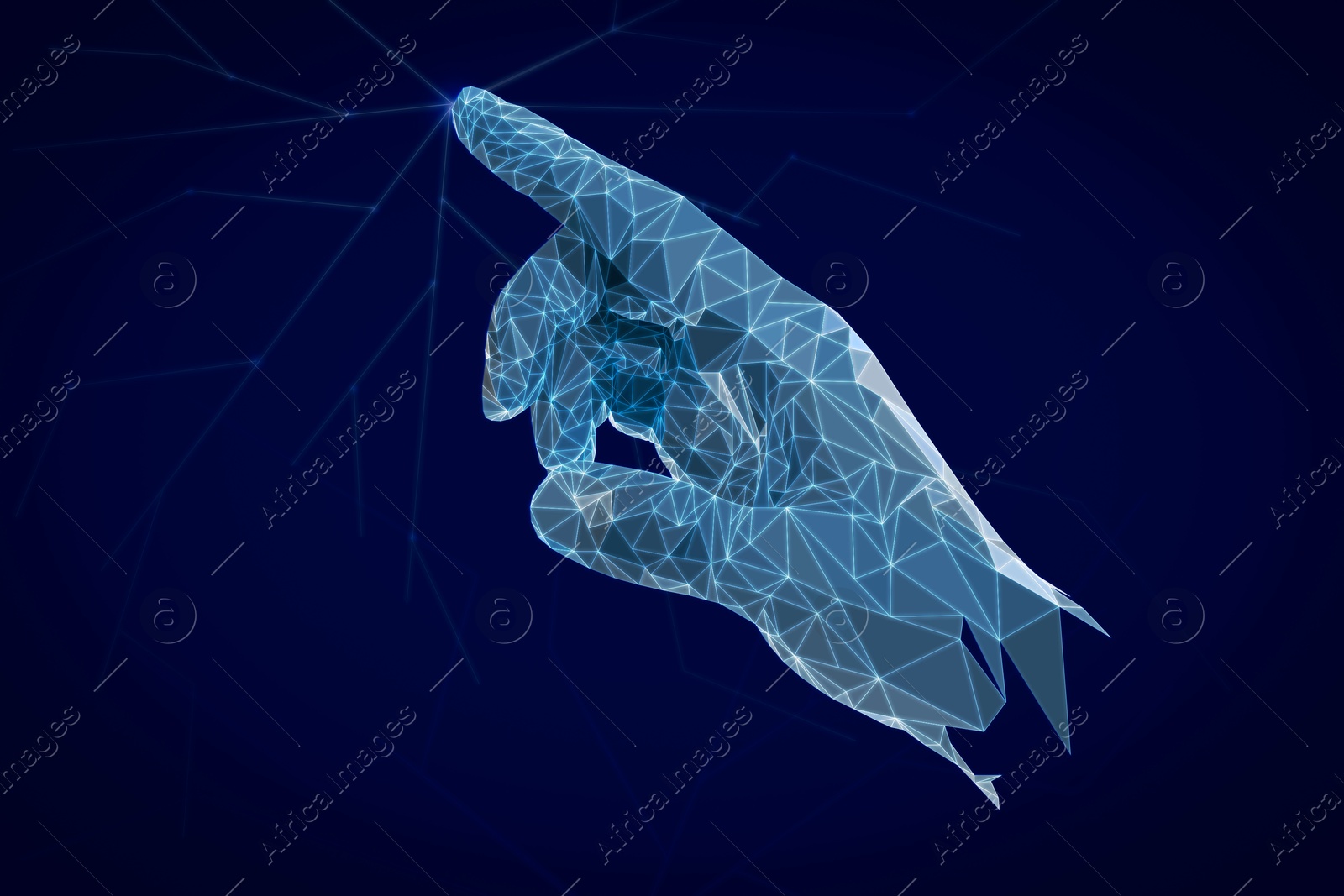 Illustration of Touch of virtual hand with digital pattern breaking cyberspace. Dark blue background