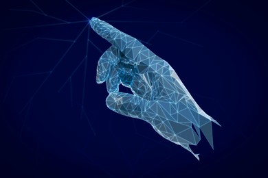 Illustration of Touch of virtual hand with digital pattern breaking cyberspace. Dark blue background