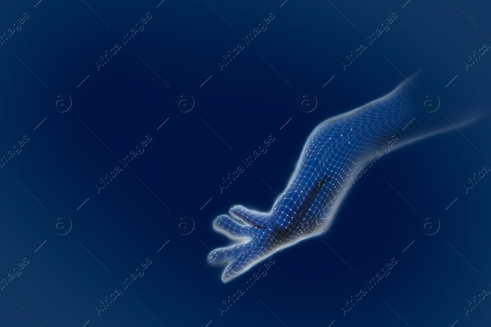 Illustration of Virtual hand with digital pattern on blue gradient background