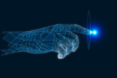 Illustration of Virtual hand with digital pattern touching cyberspace. Dark blue background