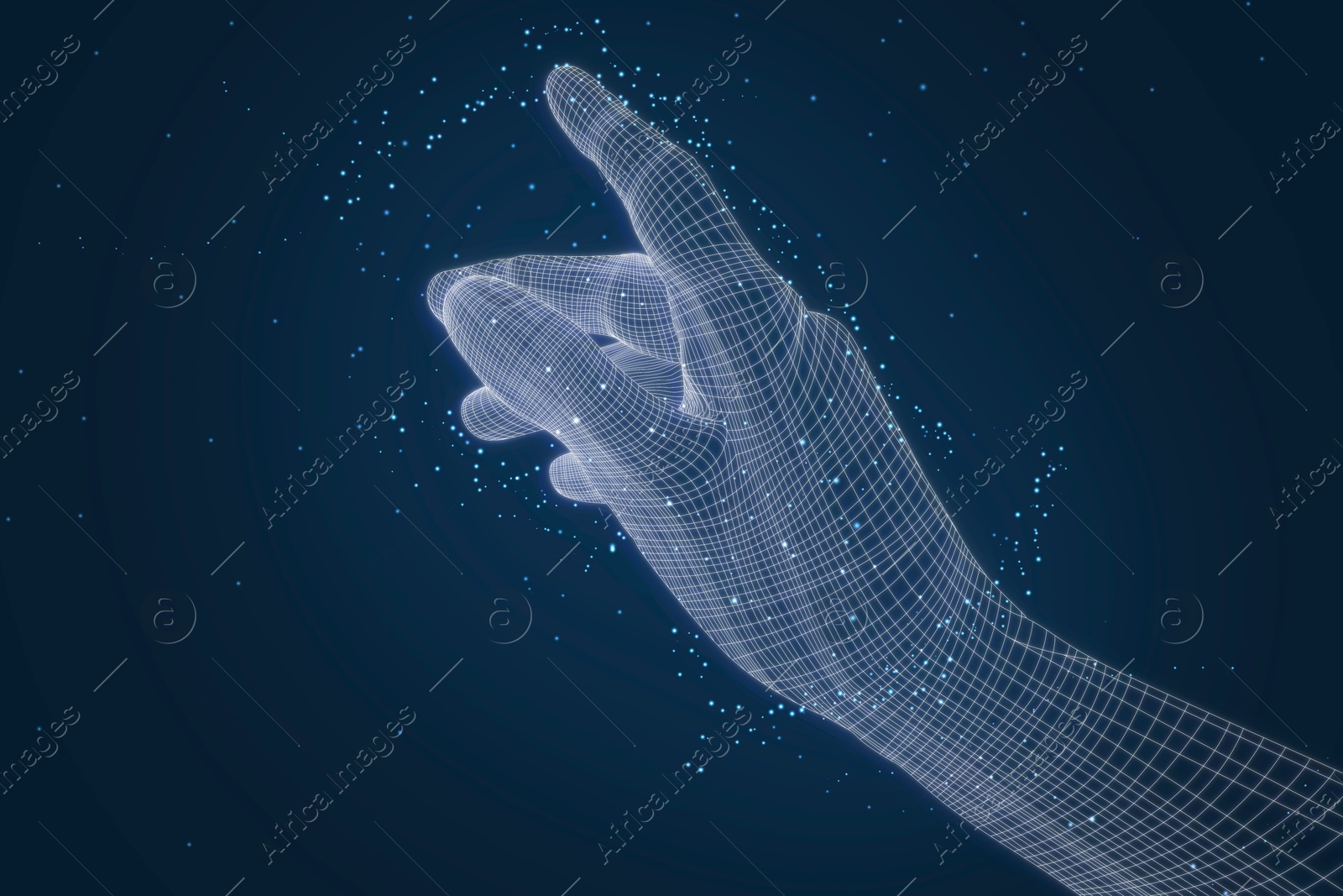 Illustration of Virtual hand with digital pattern on blue gradient background