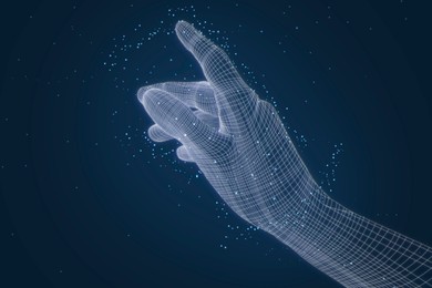 Illustration of Virtual hand with digital pattern on blue gradient background