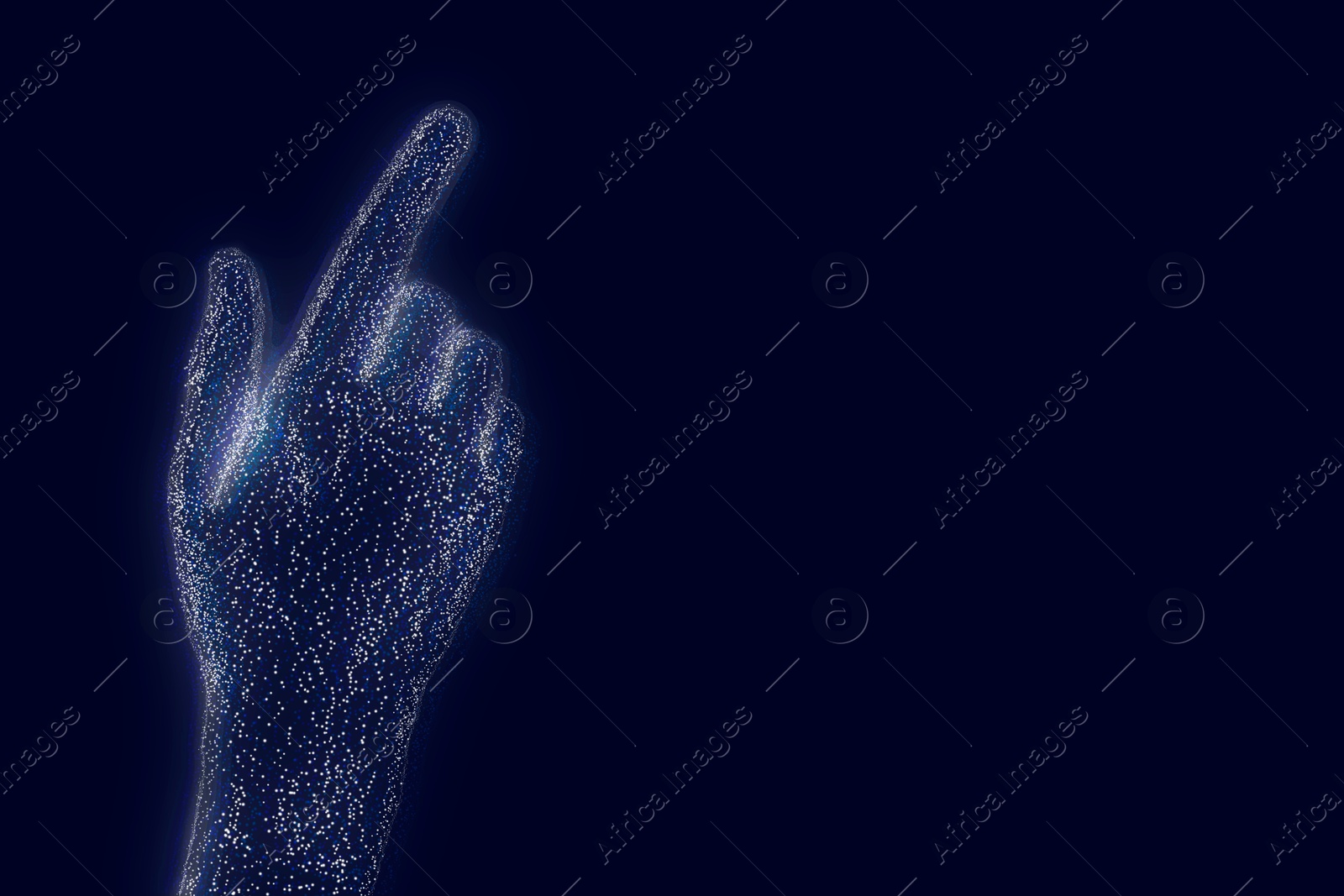 Illustration of Virtual hand with digital pattern on dark blue background. Space for text